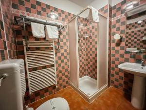 a bathroom with a shower and a toilet and a sink at Caroline Hotel in Brusimpiano