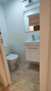 uma casa de banho com um WC, um lavatório e um espelho. em La Damajuana, Casa Rural em Montejaque