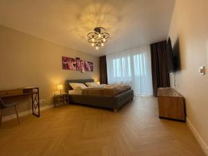a bedroom with a bed and a desk in a room at Žemaičiai in Panevėžys