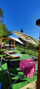 a group of chairs and umbrellas on the grass at Le rose di Mapi in Mango