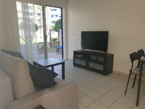 un soggiorno con divano e TV a schermo piatto di La Calma - one bedroom apartment by the pool in Playa Flamenca a Playas de Orihuela
