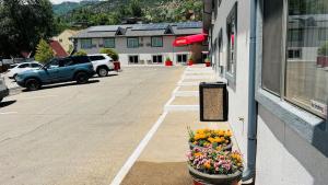 un pot de fleurs sur le côté du bâtiment dans l'établissement Adventure Inn - Glenwood Springs, à Glenwood Springs