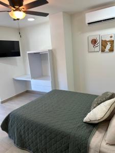 a bedroom with a green bed and a television at Casa Nórdica - Monterrey in Monterrey