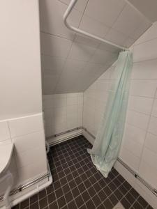 a bathroom with a shower curtain and a tiled floor at Home Inn SVE102 in Stockholm