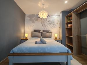 um quarto com uma cama grande e um lustre em Superbe cosy T1 Bis Studio 40m2 indépendant en maison avec parking gratuit em Caluire-et-Cuire