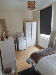 1 dormitorio con 1 cama, nevera y ventana en Cozy bedroom C, en Londres