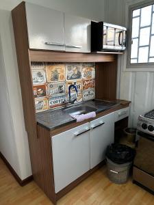 cocina con fregadero y microondas en La Posada del Viajero, en Durazno