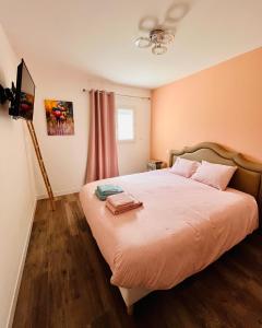 1 dormitorio con 1 cama y TV en maison chaleureuse ,avec piscine, spa, Futuroscope, en Jaunay-Clan