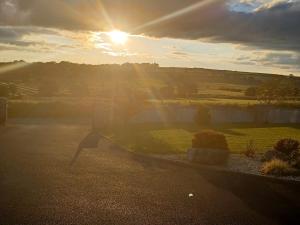 a sunset with the sun shining down on a field at Country Haven eircode H54 AK31 in Galway