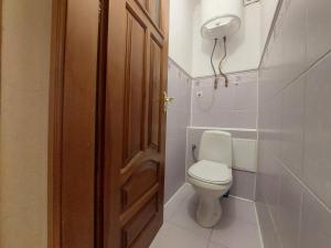 a bathroom with a toilet and a brown door at Трикімнатні апартаменти біля Порт Сіті in Luts'k +4 photos
