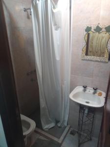 a bathroom with a shower and a sink and a toilet at Puerto Nómade Hostel Internacional in Mar del Plata