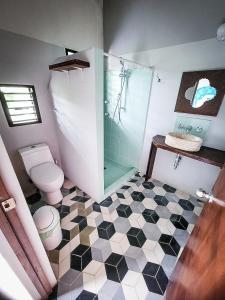 uma casa de banho com um WC e uma cabina de duche em vidro. em Maui Hostels Tulum em Tulum