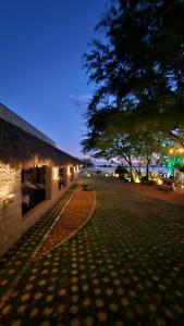 a cobblestone street in front of a building at night at Casa Cactus Praia in Macau