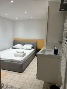 a bedroom with a bed and a sink at L'EDEN in Étampes