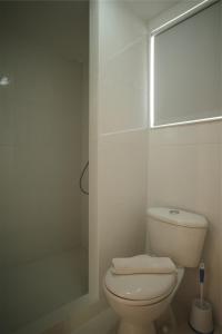 een witte badkamer met een toilet en een douche bij The Lizard Boutique Hotel in Kralendijk