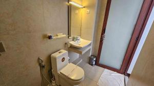 a bathroom with a toilet and a sink and a mirror at Lotus Colombo Guesthouse in Colombo