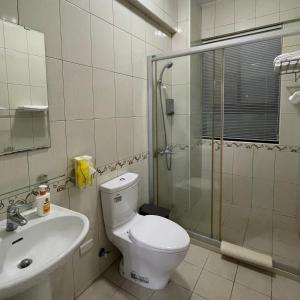 a bathroom with a toilet and a sink and a shower at Mountain Beyond Guest House in Jinhu
