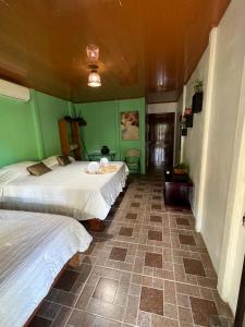 トルトゥゲーロにあるTortuguero Hill Roomsの緑の壁のドミトリールーム ベッド2台
