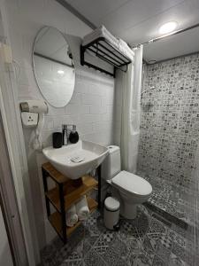 La salle de bains est pourvue d'un lavabo, de toilettes et d'un miroir. dans l'établissement Noah Apartment, à Tbilissi