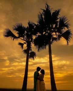 Ein Paar küsst sich bei Sonnenuntergang unter zwei Palmen in der Unterkunft Coastal Bay Suite & Golf Cart Rental in San Pedro