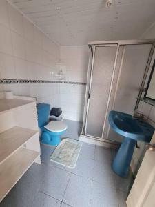 a bathroom with a blue sink and a toilet at Arriendo Los Vilos, Central in Los Vilos