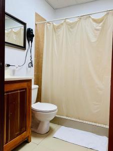 ein Bad mit einem WC, einem Waschbecken und einer Dusche in der Unterkunft Coastal Bay Suite & Golf Cart Rental in San Pedro