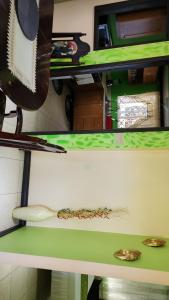 ein grünes Regal mit einem Spatel darüber in der Unterkunft Comfort Zone in Montego Bay