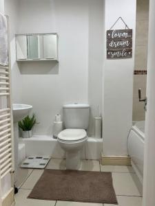 La salle de bains est pourvue de toilettes, d'une baignoire et d'un lavabo. dans l'établissement Entire Flat with balcony, à Londres