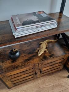 a table with a book and a lizard on a table at La Cetate Luxury Apartment in Ipoteşti