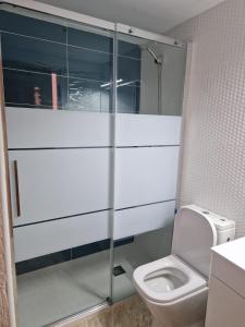 a bathroom with a toilet and a glass shower stall at Camping Los Pinos in Peniscola