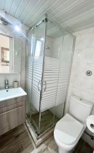 a bathroom with a shower and a toilet and a sink at Joyas cosy apartment in Tragaki