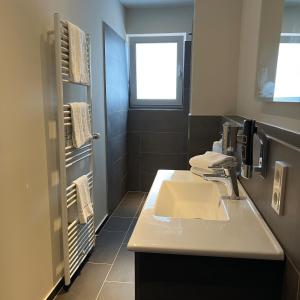 a bathroom with a white sink and a window at Breitbacher Hof in Waldbreitbach