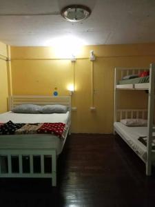 a bedroom with two bunk beds and a yellow wall at Smile Capsule Hostel in Chiang Mai