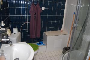 a bathroom with a toilet and a sink and a shower at Suwałki Centrum in Suwałki