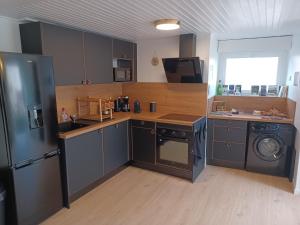 a kitchen with gray cabinets and a washer and dryer at Au Bon Endroit in Aiguilhe