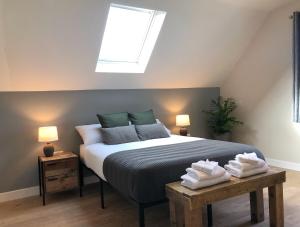 a bedroom with a bed with a skylight at Sandyhill Guest House - Westport in Westport