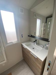 La salle de bains blanche est pourvue d'un lavabo et d'une fenêtre. dans l'établissement L'arbre perché, à Saint-Raphaël