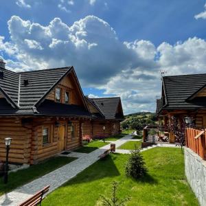 a log home with a yard and a house at Domki Na Złotym Groniu in Istebna