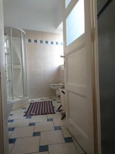 a bathroom with a shower and a toilet and a door at Apartment Rahela in Zagreb