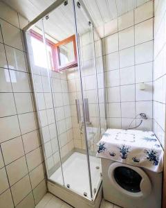 ein kleines Bad mit einer Dusche und einem WC in der Unterkunft Spacious One bedroom Apartment DIA in Budva