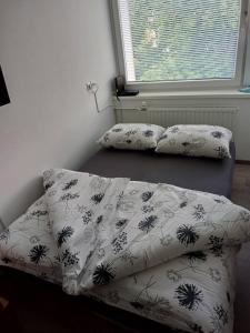 1 cama y almohadas en una habitación con ventana en Apartma Nadja en Maribor