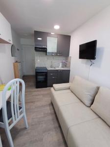 a living room with a couch and a kitchen at Apartma Nadja in Maribor