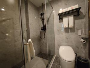 a bathroom with a shower with a toilet and a glass door at GreenTree Eastern Hotel Xinjiang Urumqi Renmin Road in Ürümqi