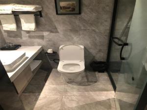 La salle de bains est pourvue de toilettes, d'un lavabo et d'une douche. dans l'établissement VX Hotel Dalian Zhoushuizi Airport, à Dalian