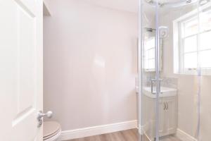 a bathroom with a shower and a toilet and a sink at 1 bedroom flat in centre of Odiham- free parking in Odiham
