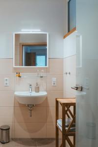 a bathroom with a sink and a mirror at Ferienweingut SerwaziWein in Mesenich