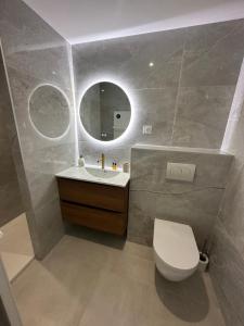 La salle de bains est pourvue de toilettes, d'un lavabo et d'un miroir. dans l'établissement Appartement neuf contemporain, à Lourdes