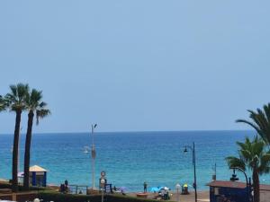 vista sulla spiaggia con palme e sull'oceano di Casa Playa Guadalmar a Málaga
