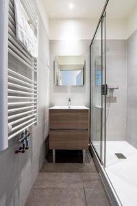La salle de bains est pourvue d'un lavabo et d'une douche. dans l'établissement Entre Bastille et hyper-centre: lave-linge - fibre, à Grenoble