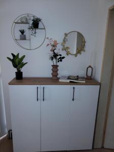 a white cabinet with a mirror and plants on it at Apartmani planina Goč in Goč